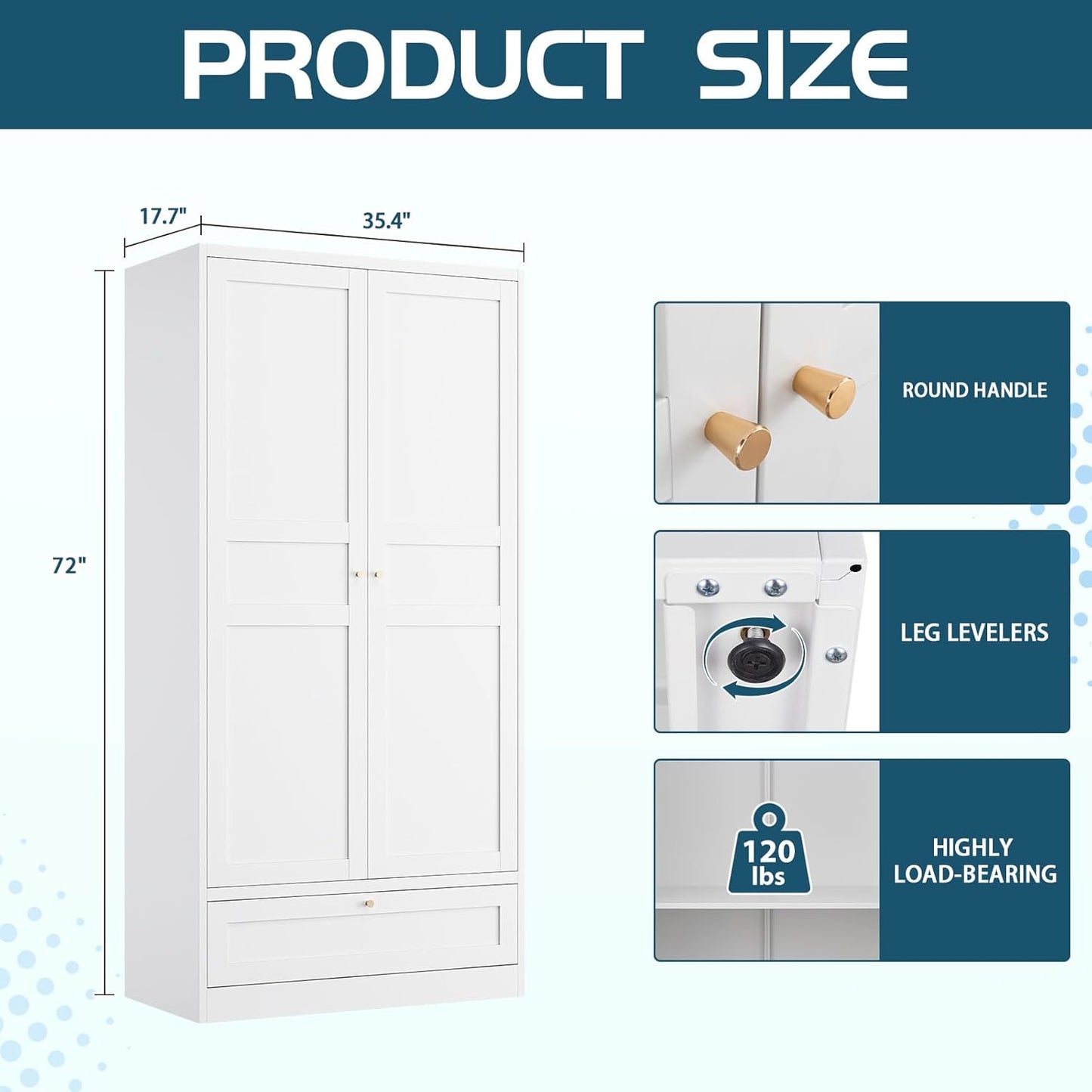 MIIIKO Wardrobe Closet with Drawer, 2 Doors Clothes Cabinet, 72" Metal Storage Cabinets with Hanging Rod, Bedroom Armoires Laundry Room and Office Clothes Storage Organizer Cabinets