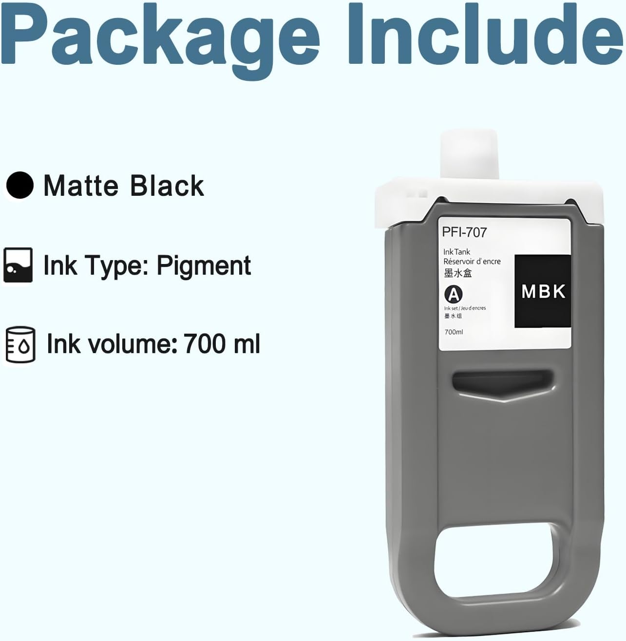 PFI-707 Ink Cartridge PFI707 Ink Tank Compatible with Canon imagePROGRAF PF830, iPF840, iPF850 CAD Plotters 700 ML (1-Pack, Black)