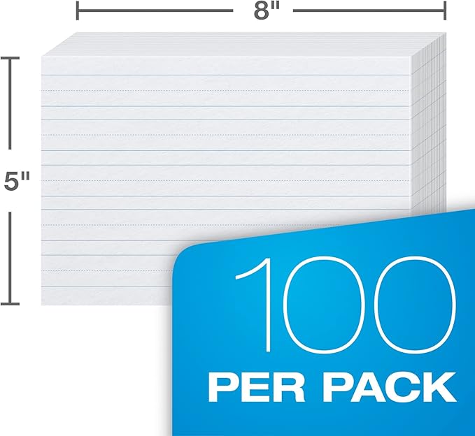 Oxford Primary Ruled Index Cards, 5 x 8 Inches, White, Lined on Front, Blank on Back, Kids Handwriting Practice Cards, Pre-K, K-2, 100 Count (46002)