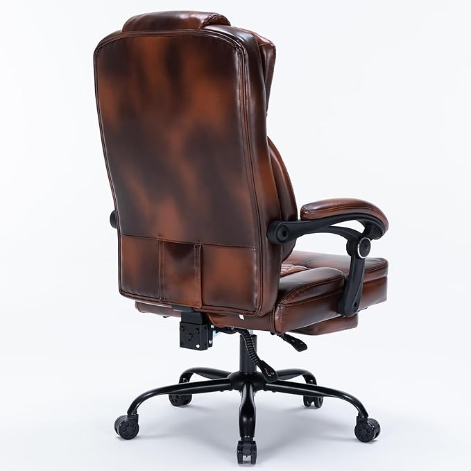 Ergonomic Office Chair with Foot Rest, Executive Chair with Footrest PU Leather Computer Chair, Big and Tall Chair Reclining Desk Chair, Thick Padded Coil Spring Seat, 400 lbs Capacity (Brown)