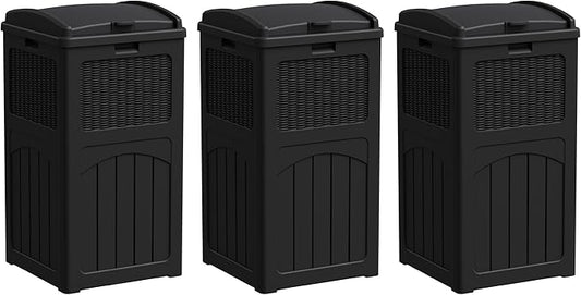 Greesum 33 Gallon Outdoor Trash Can with Lid, Waterproof Resin Garbage Bin for Hideaway, Deck, Patio, 3 Pack, Black