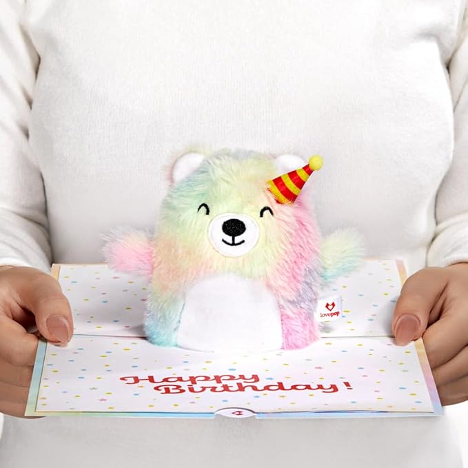 Lovepop Plushpop Soft Animal Pop-Up Card for Her and Him - 3D Bear Happy Birthday Greeting Card for Boys, Girls, Men, Women - Celebrate 6" x 8" Card - Tie Dye