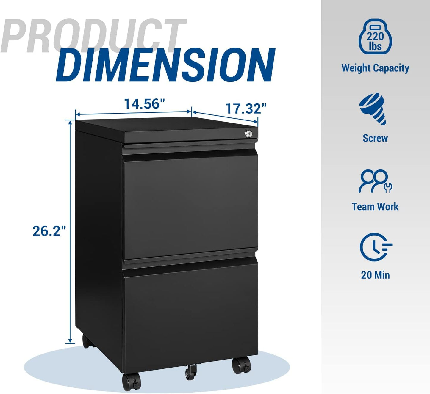 2 Drawer Vertical File Cabinet - Mobile Filling Cabinet with Lock for Legal/Letter Files - Office Storage File Cabinet with Wheels Under Desk - Assembly Required