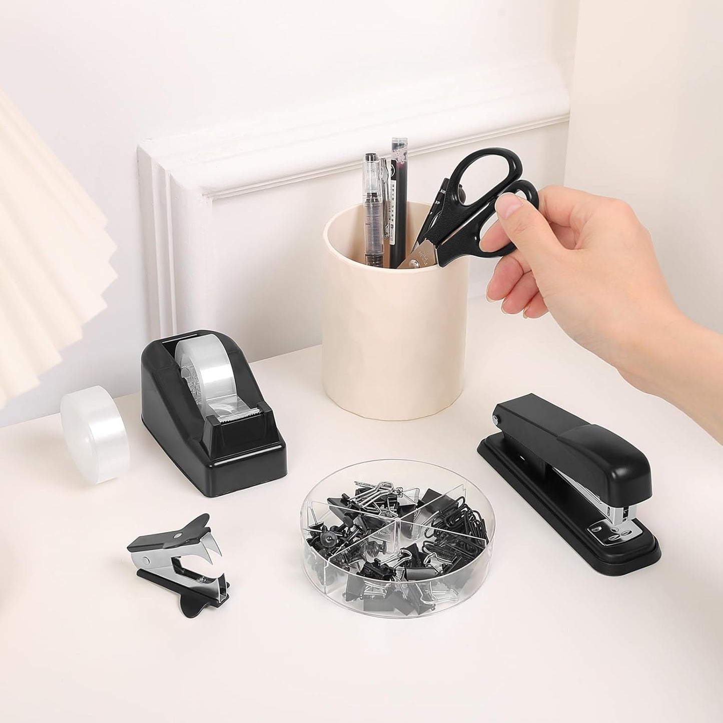 SKYDUE Black Office Supplies Set, Black Desk Accessories, Stapler, Tape Dispenser, Scissors, Binder/Paper Clips and 1000pcs Staples, Desk Supplies Set