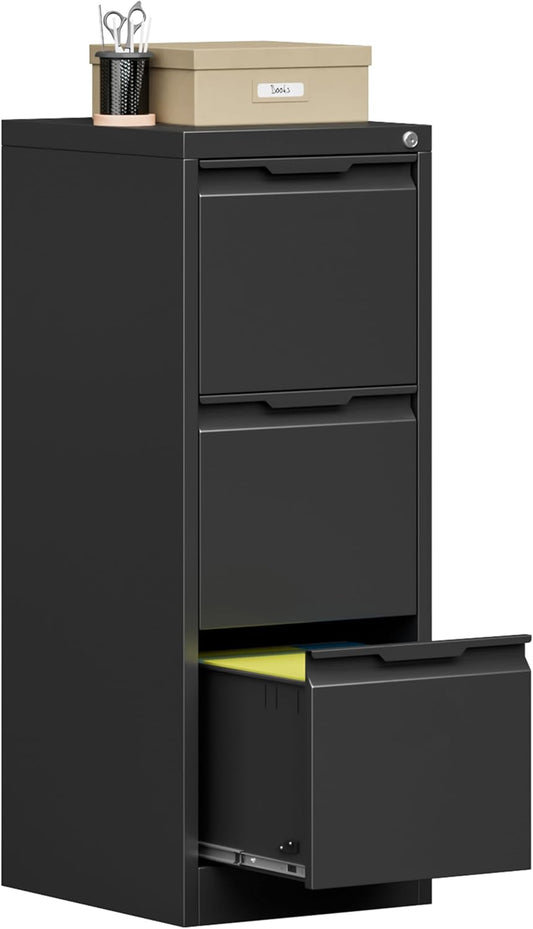 17.8" D File Cabinet, 3 Drawer Metal Filing Cabinets with Lock, Locking Vertical File Cabinet for Letter/Legal/A4/F4 Size, Easy Assemble (Black)