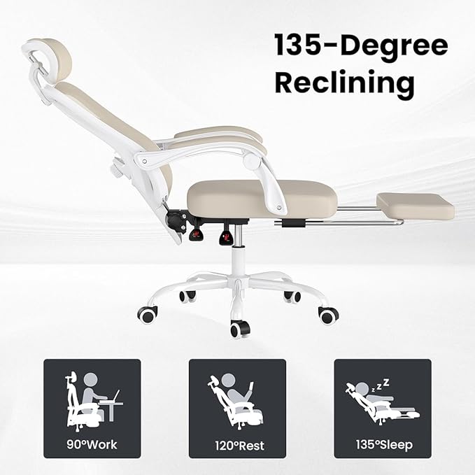 Farini Ergonomic Office Chair with Footrest, Mesh Office Desk Chair with Headrest, High Back Computer Chair with Adjustable Lumbar Support for Home Office Study Room Bedroom, White & Kakhi