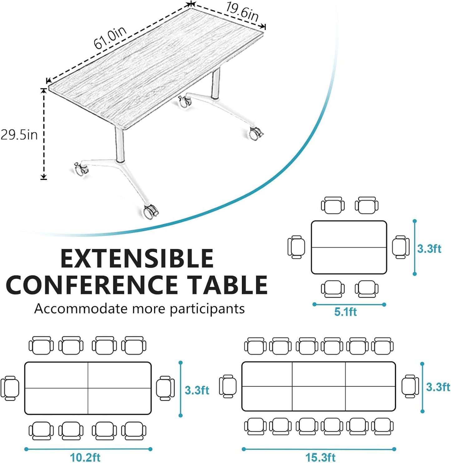 Conference Room Table, Folding Conference Tables,Thicken Grey Tabletop,Flip Top Wooden Seminar Meeting Room Table for Conference Room Offices (2, Black+White, 61.0“)