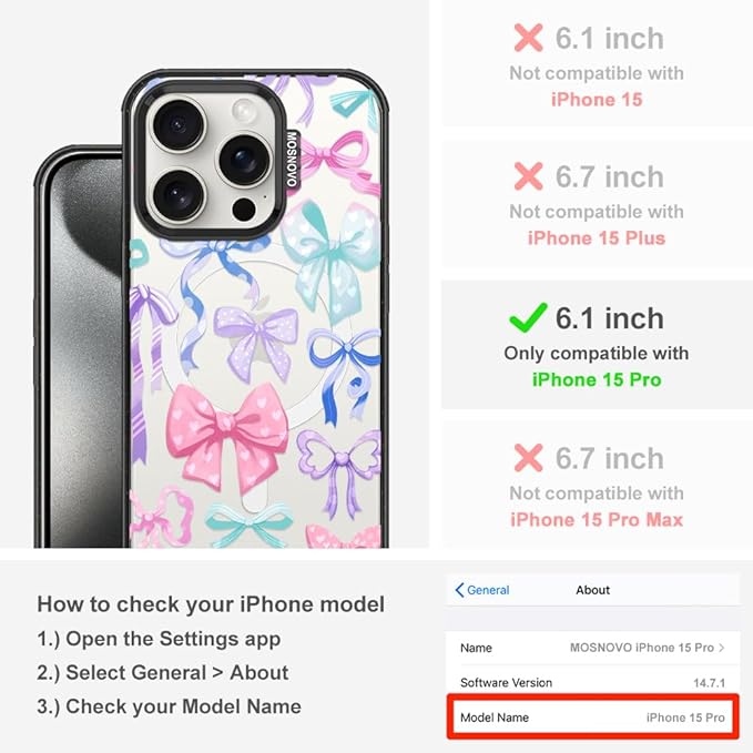 MOSNOVO Magnetic Case for iPhone 15 Pro, 10ft Military-Grade Protection, Compatible with Magsafe, Shockproof Phone Case for iPhone 15 Pro - Bows - Clear Black