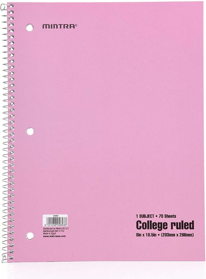 Mintra Office Spiral Notebooks - 1 Subject, 70 Sheets, College Ruled, 8in x 10in, Bulk Pack, Pastel Covers, Set of 6 - for School, Office, Business, Professional (04693)