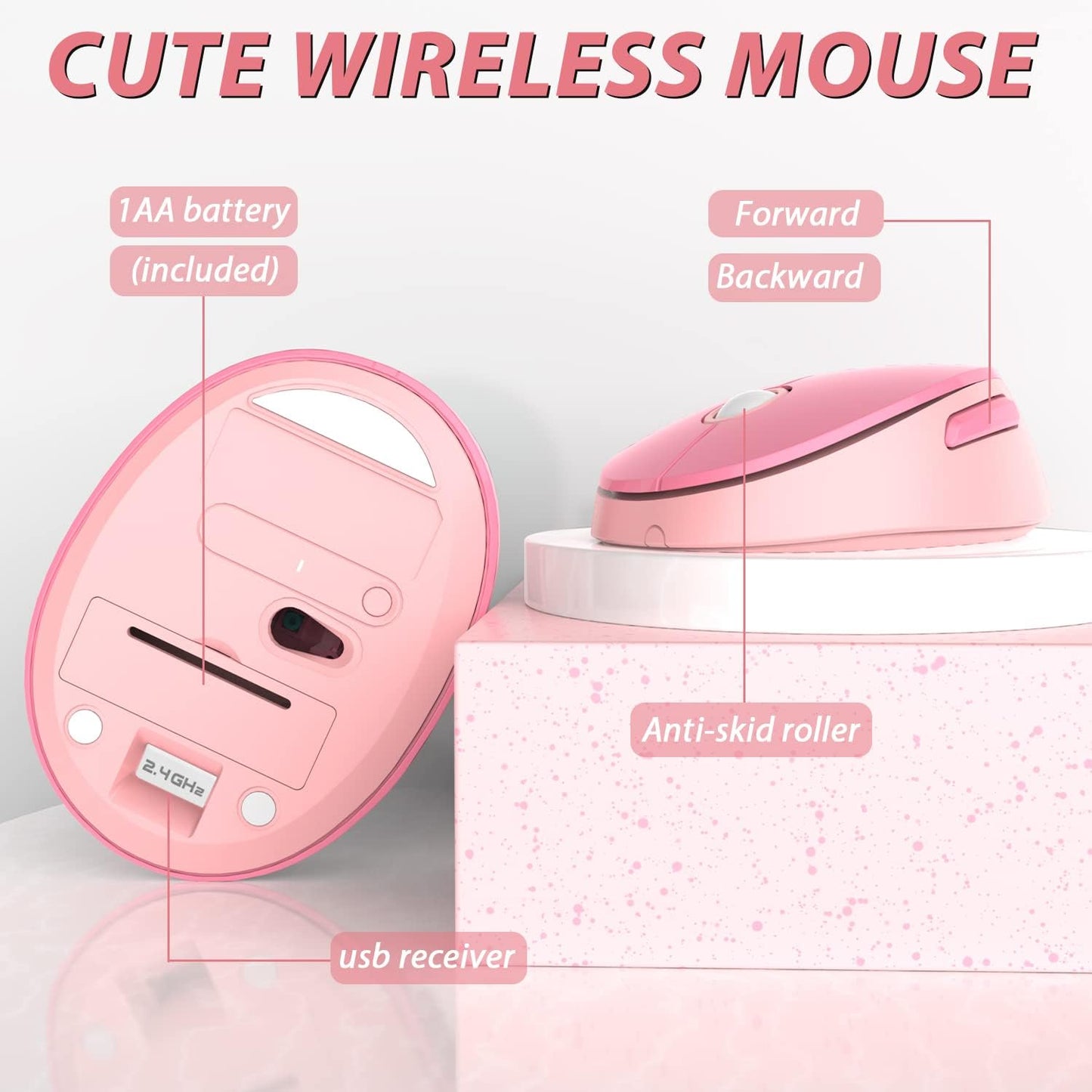 KOOTOP Cute Pink Wireless Keyboard and Mouse, 2.4G Wireless with Retro Round Keycap for PC, Mac, Laptop, Tablet, Computer Windows