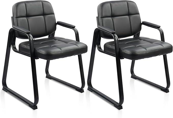 CLATINA Waiting Room Guest Chair with Bonded Leather Padded Arm Rest for Office Reception and Conference Desk Black with Sled Base 2 Pack