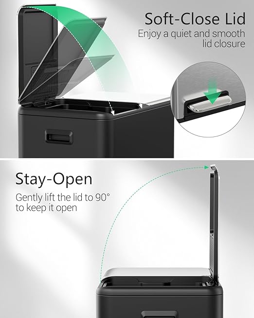 TLSUNNY Kitchen Dual Trash Can, 60L Hands-Free Stainless Steel Garbage Can, Classified Rubbish Bin with Double Compartments, Soft-Close Lid, Inner Bucket, Odor Control (60L) (Black)