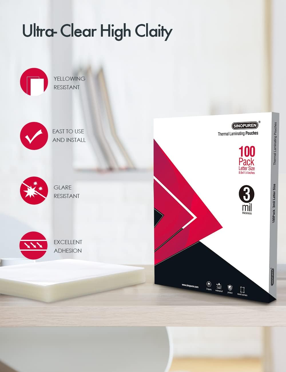 Thermal Laminating Pouches, 3mil Laminating Sheets, 8.9x11.4 Inches, Letter Size, HeatSeal, Clear (100pack)