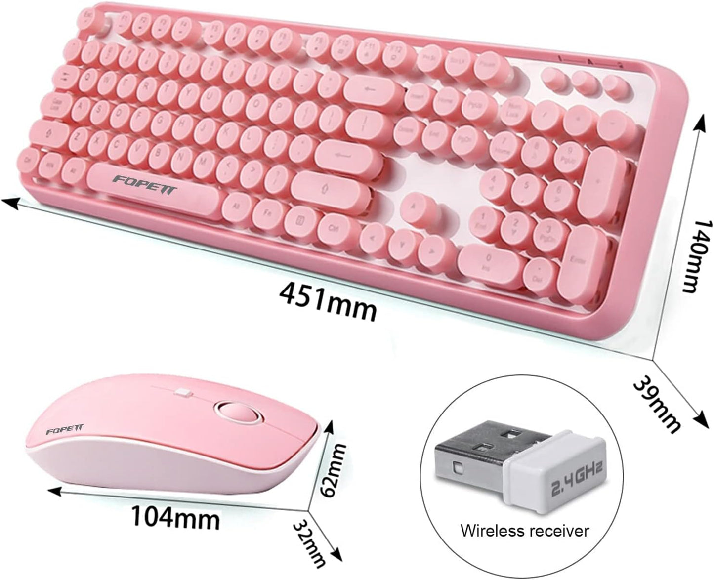 FOPETT Keyboard and Mouse Sets Wireless, Reliable 2.4 GHz Connectivity for PC,Laptop,Smart TV and More (Pink)