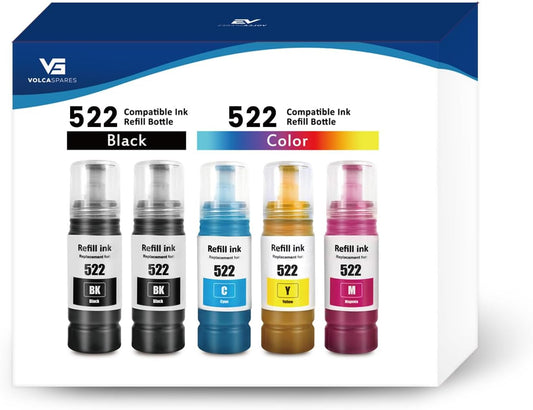 T522 522 Ink Refill Bottles for Epson EcoTank Printers ET-2800 ET-4800 ET-4700 ET-2400 ET-2720 ET-2803 (2 Black, 1 Cyan, 1 Magenta, 1 Yellow)