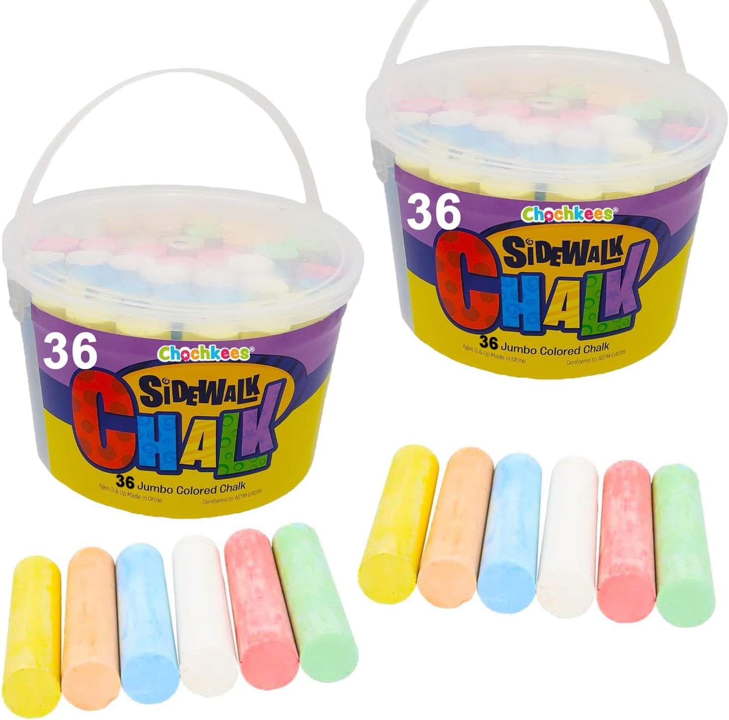 72 Jumbo Sidewalk Chalk, Jumbo chalk great for outdoor art, Sidewalk Chalk for Kids, 6 Assorted Neon Colored Chalk, Perfect For Party Favors, 4" Inches (2-Buckets, 72 Jumbo Chalk Sticks)