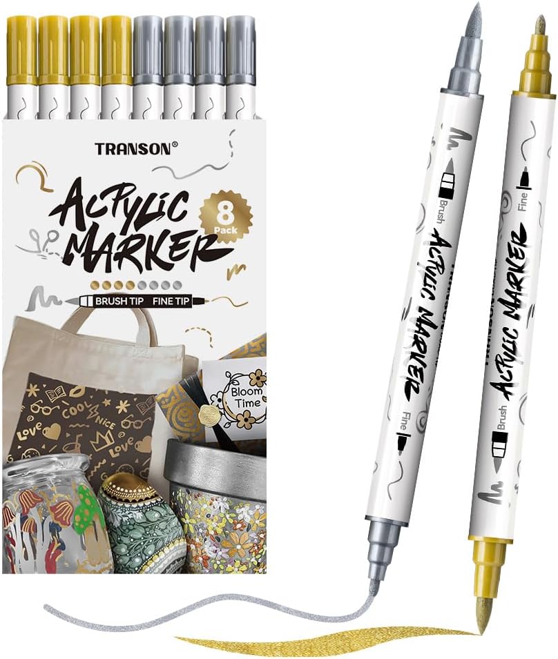 TRANSON 4 Gold and 4 Silver Paint Markers Brush and Fine Dual-tip Acrylic Paint Marker Set for Rock Painting Glass Canvas Wood Leather Ceramic Painting
