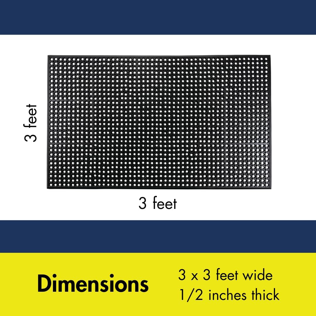 NoTrax 3' x 3' Anti-Fatigue Lightweight Restaurant Rubber Floor Mat with Drainage Holes, Beveled Edges, Non-Slip Mats, Black, T30 Competitor, T30S0033BL