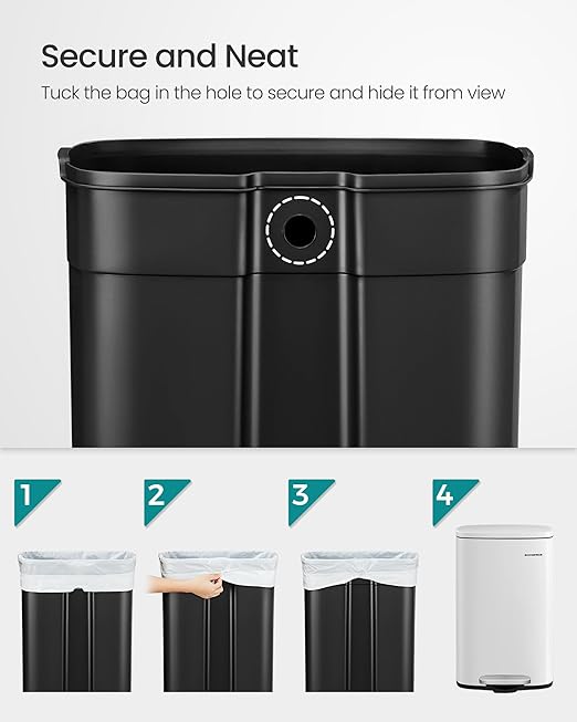 SONGMICS 13 Gallon (50 L) Trash Can, Stainless Steel Kitchen Garbage Can, Recycling or Waste Bin, Soft Close, Step-On Pedal, Removable Inner Bucket, White ULTB050W01