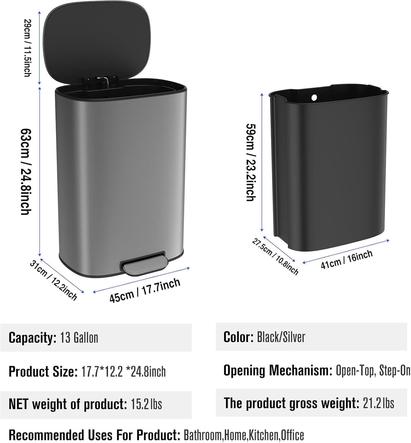 13 Gallon Stainless Steel Foot Pedal Large Trash Can with Soft Close Quiet Lid, Stainless Steel Thickened Body Oval Garbage Can with 30 Garbage Bags for Kitchen/Home/Office and More - Silver Gray