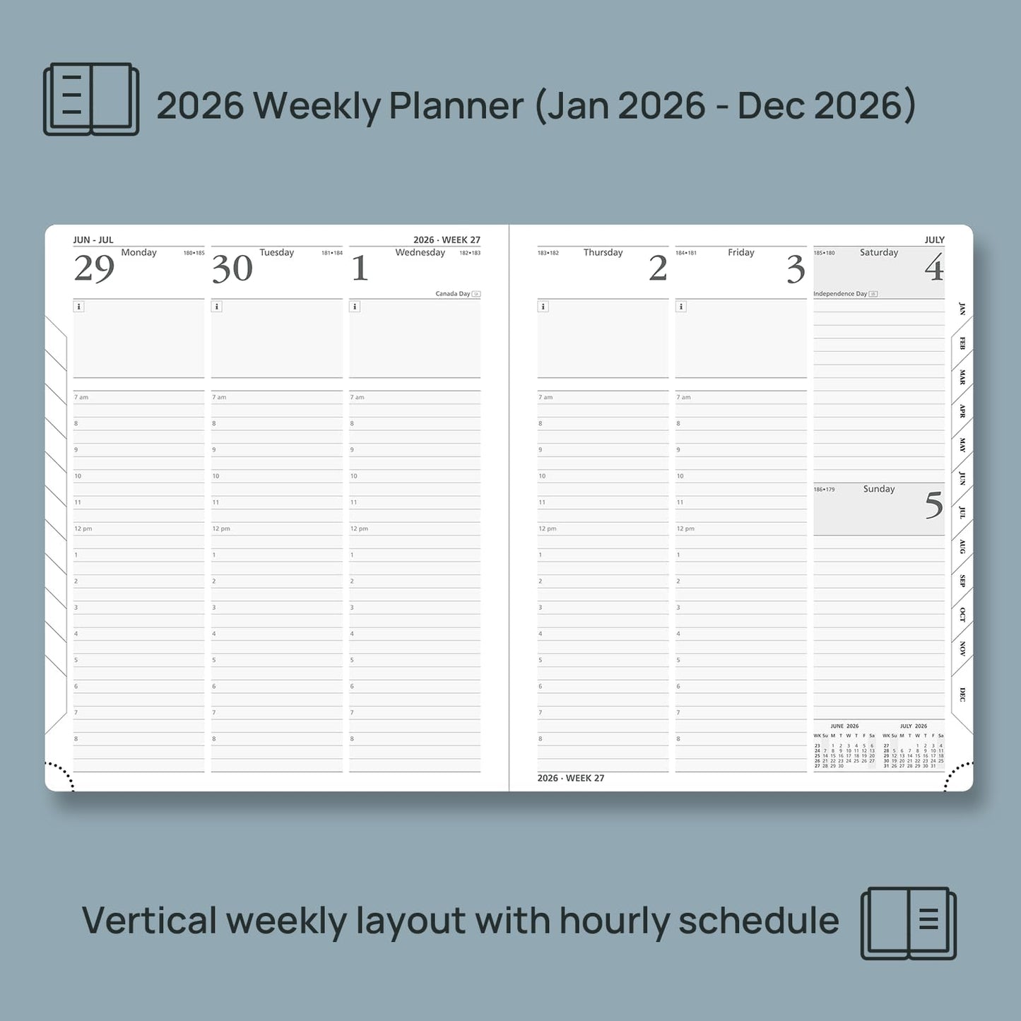 POPRUN 2026 Planner (Large Size 8.5''x 10.5'' Hardcover) - Daily Weekly and Monthly Calendar Agenda 2026 Appointment Book with Hourly Time Slots, Monthly Tabs, 100 GSM - Haze Blue