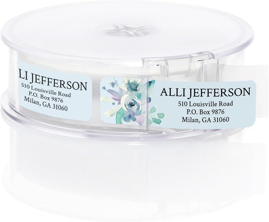 Blue Watercolor Floral Rolled Address Labels / 250 Personalized Return Address Labels/Designer Address Stickers in Elegant Plastic Dispenser