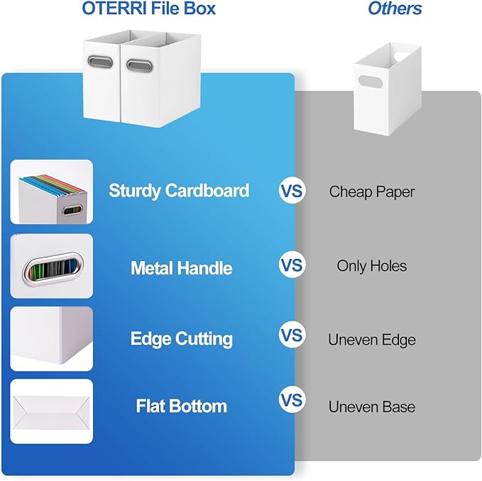 Oterri File Organizer, Small Storage Box, Cardboard File Folder Organizer, Collapsible File Box, Hanging File Organizer for Letter Size, Portable File Box with Handle, Only Box（White，8 Packs）