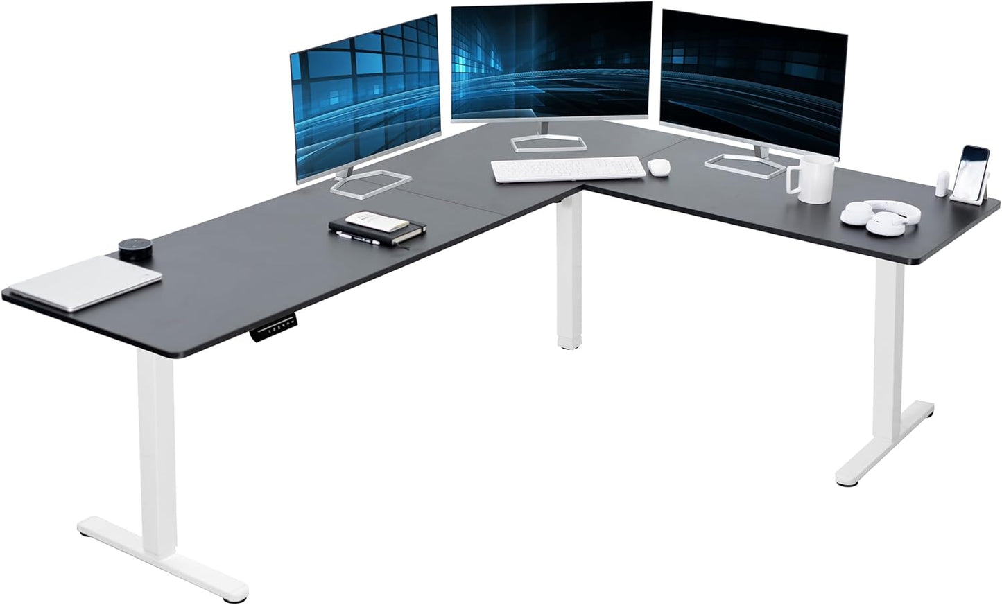 VIVO Electric Corner L-Shaped 84 x 63 in Standing Desk, Memory Height Adjustment, Black Top White Frame, DESK-E3CTWB-84