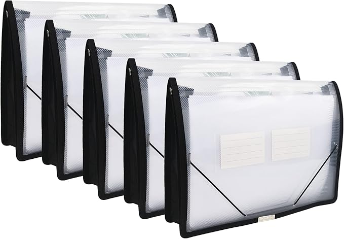 Expanding File Folder Document Organizer r with Flap and Cord Closure, Waterproof Transparent Document Bag, 2.8" Expansion, Letter A4 Expandable File Folder for Home School Office Organization，5 Pack