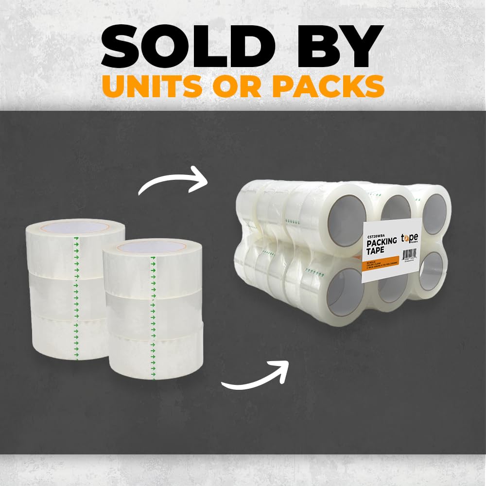 WOD CST20WBA Clear Packing Tape - 2" in. x 60 Yards Per Roll (6 Rolls) - Strong Heavy-Duty Industrial Shipping Box Packaging Tape for Moving, Office, & Storage