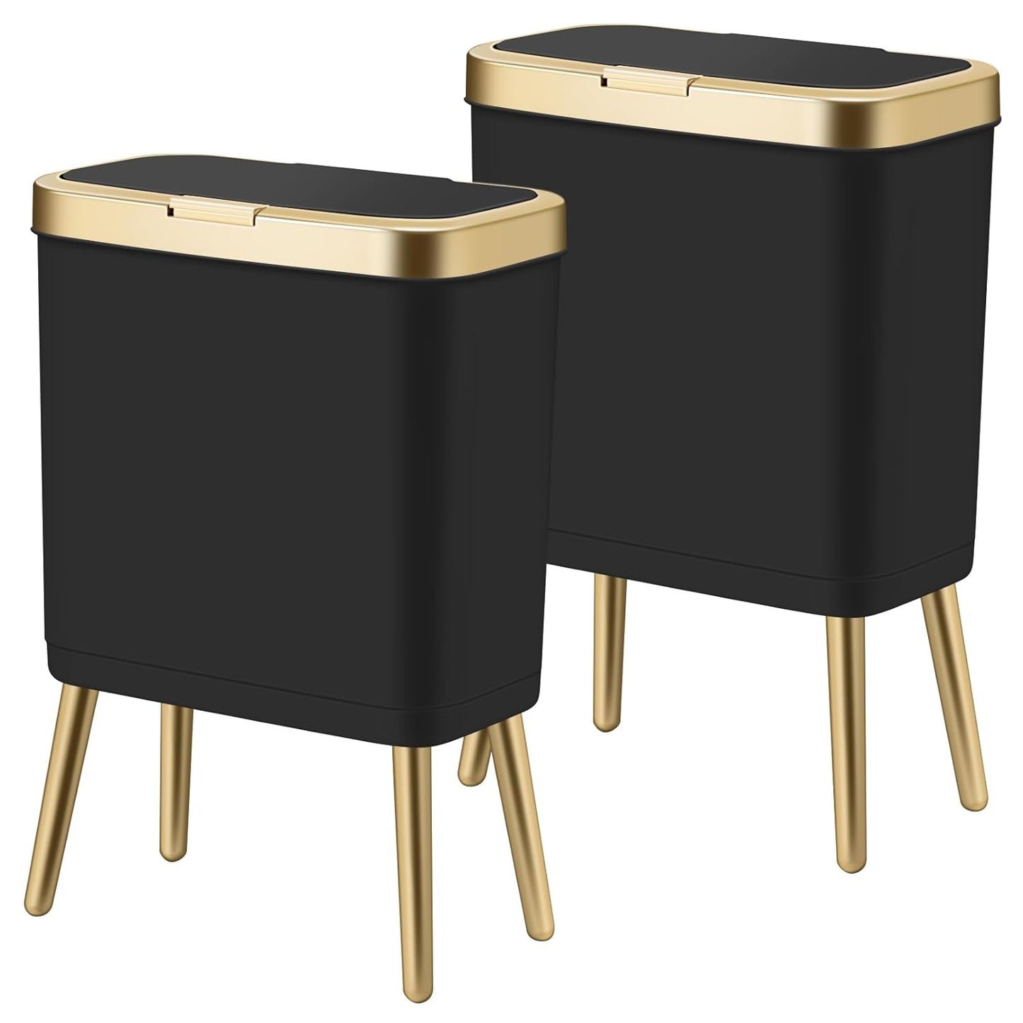 Procade 2Pack Office Trash Can with Lid, 4 Gallon Gold Trash Can Bathroom, Black Garbage Can with Push Button, Narrow Garbage Bin Waste Basket for Bedroom, Kitchen, Toilet