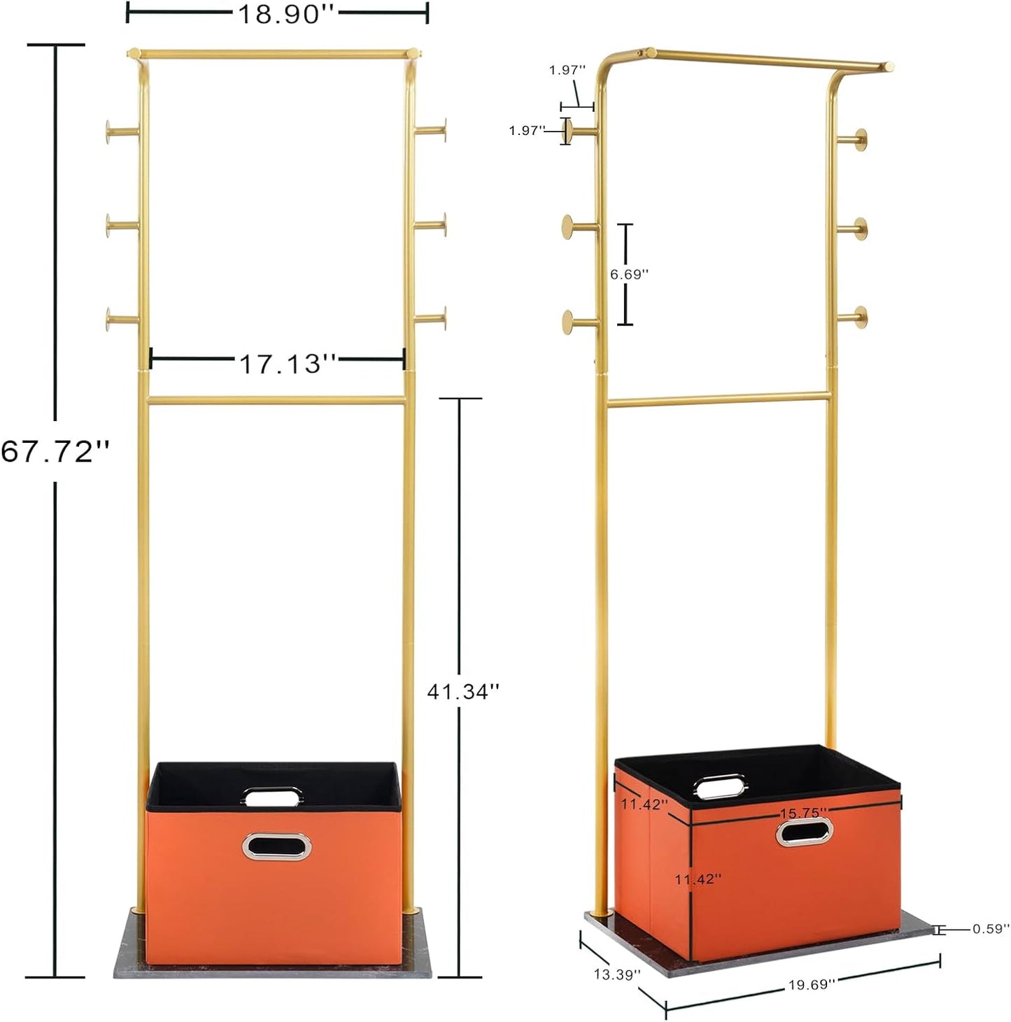 Heavy Duty Coat Rack with Storage Basket Metal Hanging Clothes Rack with Marble Base Modern Standing Clothing Rack for Entryway Bedroom Living Room Hotel 19.69 x 13.39 x 67.72 Inches (Gold)