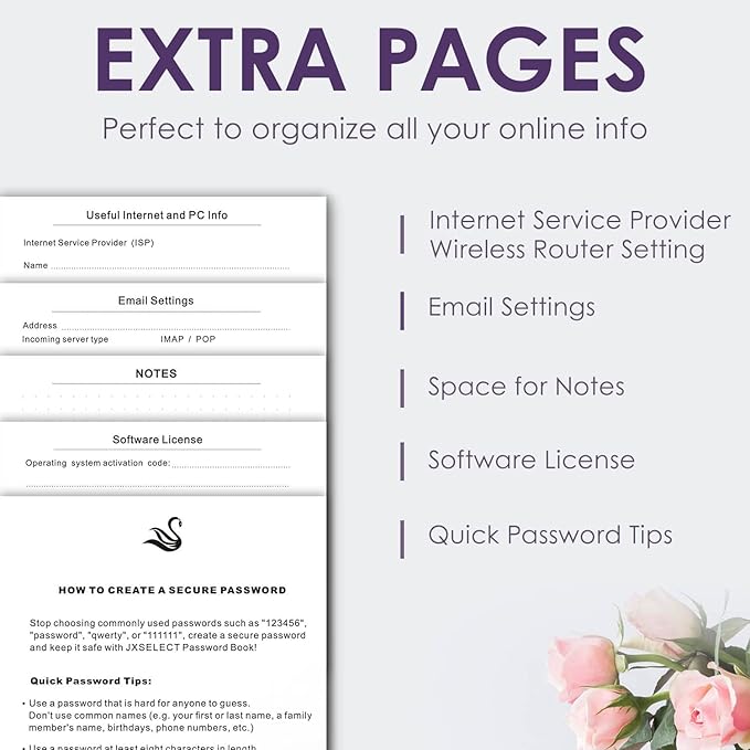 Elegant Password Book with Alphabetical Tabs - Hardcover Password Book for Internet Website Address Login - 5.2" x 7.6" Password Keeper and Organizer w/Notes Section & Back Pocket (Purple)