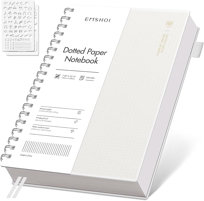 EMSHOI Spiral Notebook B5 Bullet Dotted Journal, Dotted Grid Notebook with 300 Pages, 100gsm Thick Paper, 7.48" × 10.15", Waterproof Softcover Notebook for School Work Writing - Transparent