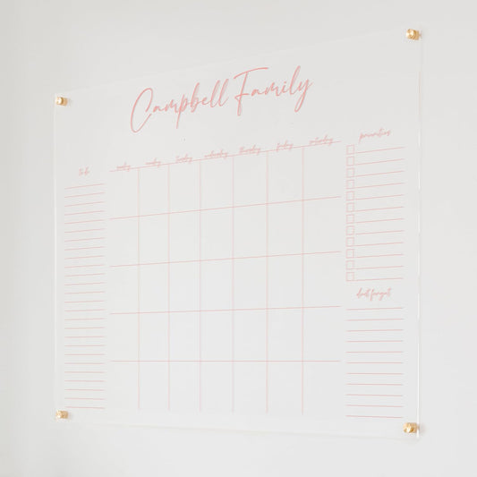 Personalized Clear Acrylic Calendar for Wall, Calendar Whiteboard for Wall, Dry Erase Wall Calendar, Wall Calendar Organizer System for Home (Cursive, Blush, 47.5"W x 36"H)