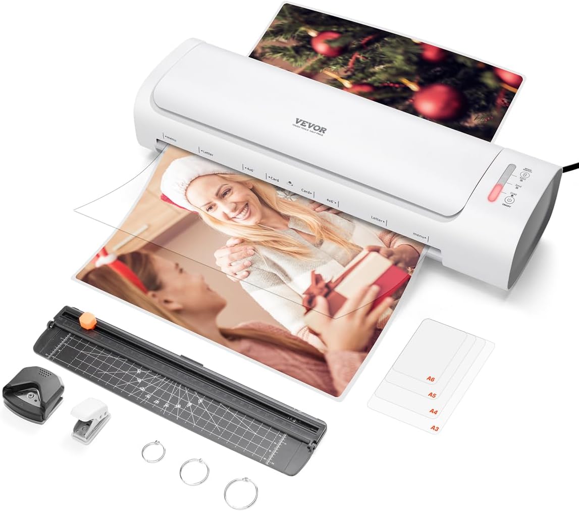 VEVOR Laminator Machine, Cold and Hot Laminator for Max A3 Paper Size, 1 min Quick Warm Thermal Laminator, 3-5 mil Thickness, Ideal for Home, Office, Business, or School Supplies, White + Grey