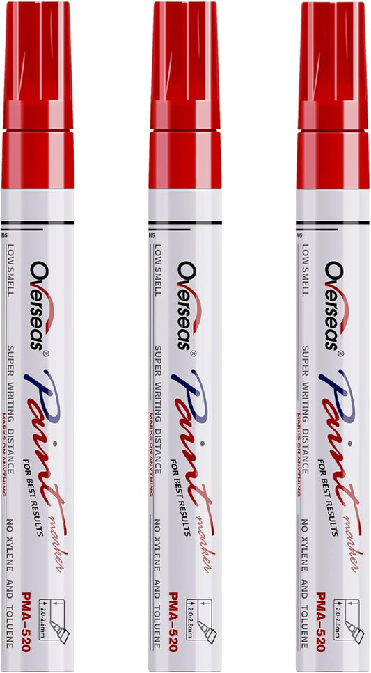 Overseas Permanent Paint Markers Pens - 3 Pack Red Oil Based Paint Pens, Medium Tip, Quick Drying and Waterproof Marker Pen for Metal, Rock, Wood, Fabric, Plastic, Canvas, Mugs, Stone, Glass