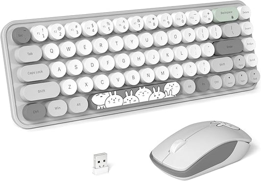 FOPETT Wireless Keyboard and Mouse Cute Mouse and Keyboard 2.4G Wireless Keyboards with Colorful 68 Keys Typewriter Retro Round Keycap for PC, Laptop,Tablet,Computer Windows - Grey Colorful