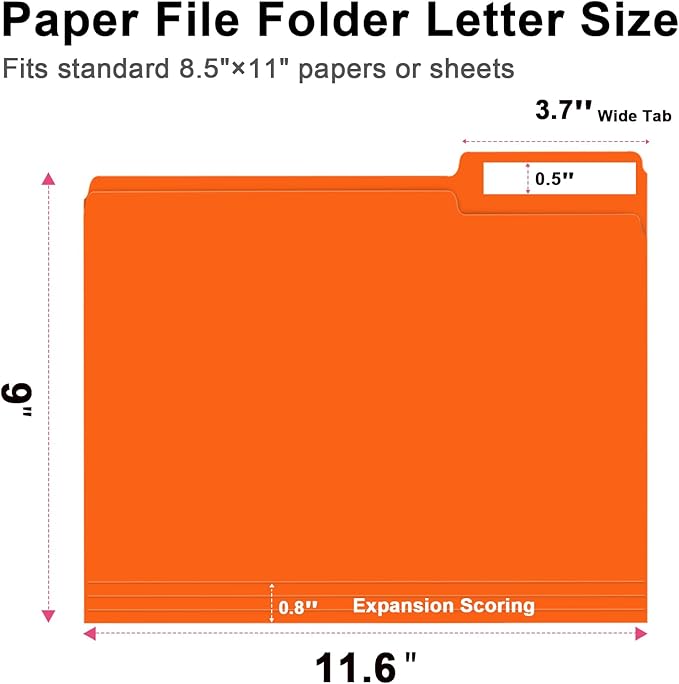 File Folder, RAZCC 150 Pack 1/3 Cut Tab File Folders Letter Size, Orange, Folders with Tab, Great for Organizing and Easy File Storage