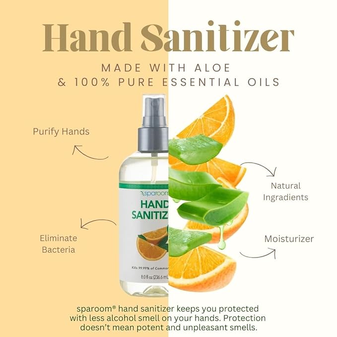 SpaRoom Hand Sanitizer Spray Orange – 70% Alcohol Formula with Aloe and Essential Oils, Travel Size Citrus Blend for On-the-Go Hygiene and Skin Moisture – 8oz Leak-Proof Bottle