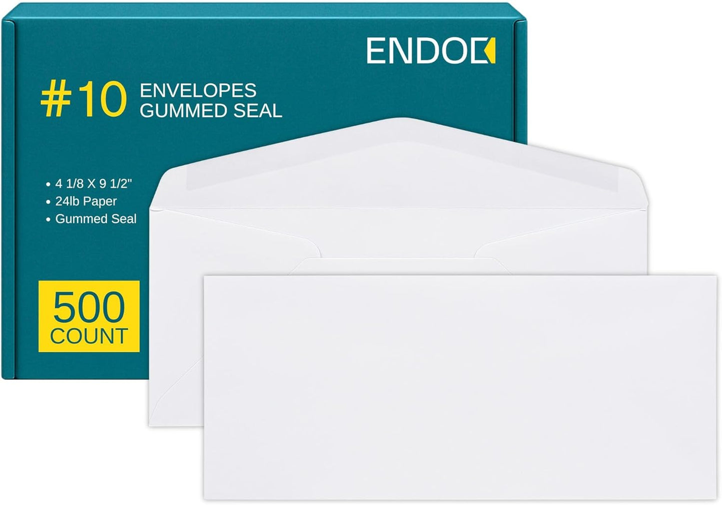 #10 Business Envelopes, 500 Count, Mailing Envelopes, 4 1/8 x 9 1/2 Inch Size, Gummed Flap Envelopes Letter Size, 24 LB Paper - Bright White Color