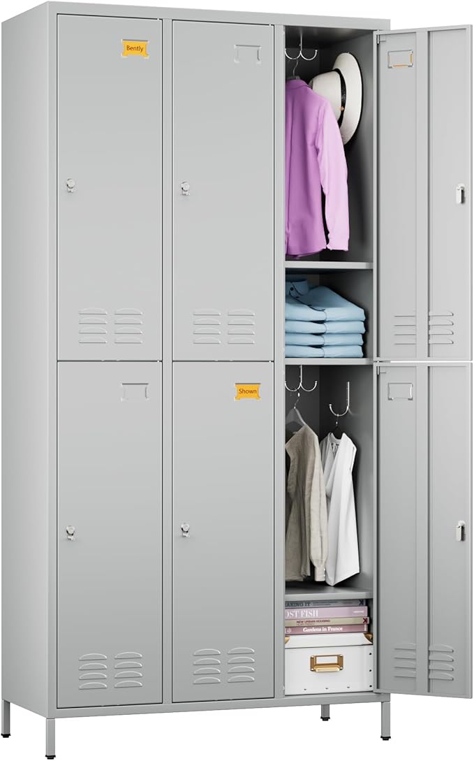 6 Doors Metal Locker with Business Card Holder,Metal Locker for Employees with 18 Hooks for School Garage Office Gym Home,Assembly Required,Light Grey