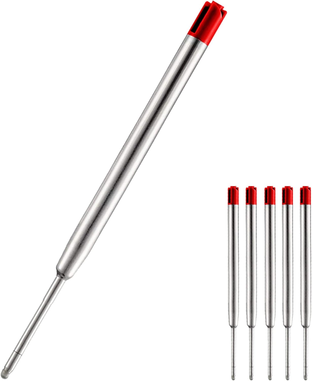 HeTaoCat Red Ink Refill Pack of 5, Replaceable Ballpoint Pen Refills, Medium Point Metal Refil (Red)