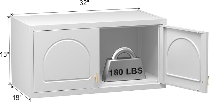 Metal Wall Cabinet, Upper Cabinet for Wardrobe, Small Overhead Storage Cabinet for Bedroom, Living Room, White, 18" D x 32" W x1 5" H - Assembly Required