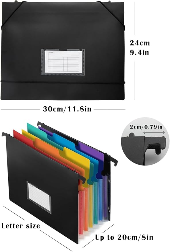 TRANBO 7-Pockets Hanging File Folder with Retractable Hooks for Filing Cabinet, Letter Size Expandable Accordion File Organizer with Elastic Band for File Frame or On-The-Go Use (1 Pack)