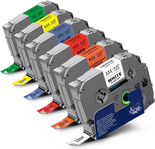 6-Pack TZ Tape 12mm 0.47 Laminated Compatible for P Touch Label Tape TZ TZe-B31 231 131 431 531 631 TZe231 for PTouch PT-H110 D210 D220 H103W, Flu.Orange/White/Red/Blue/Yellow/Green
