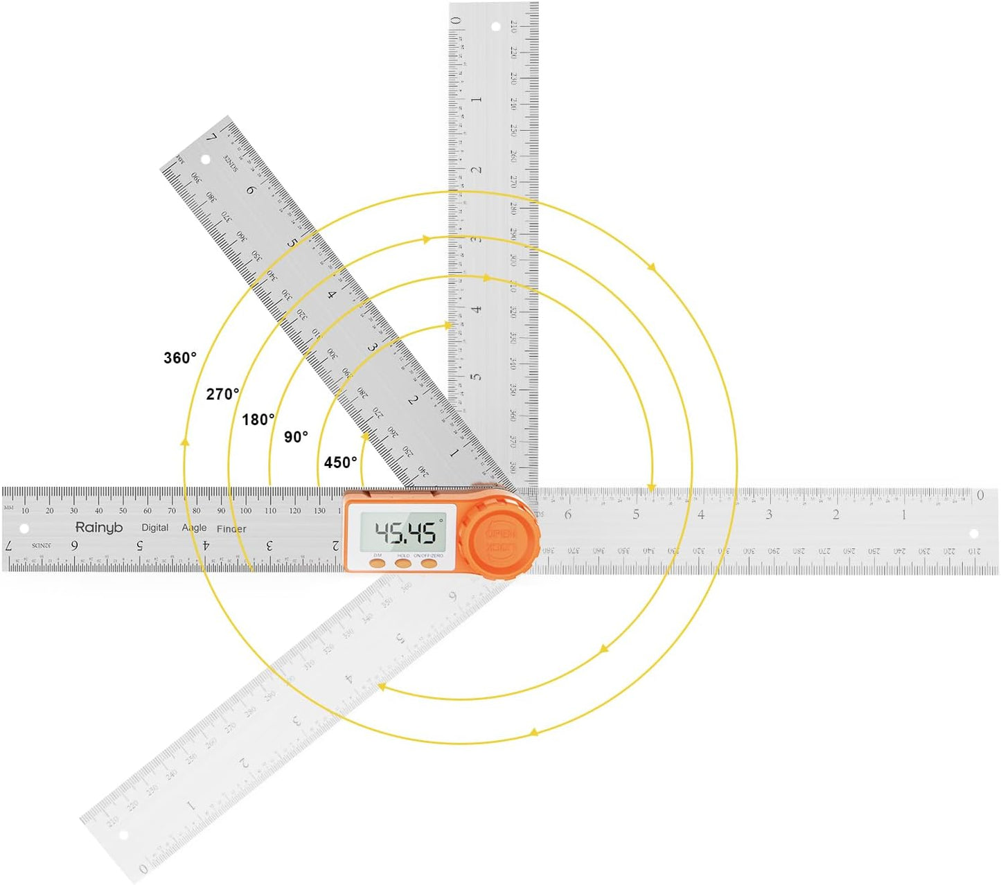 Rainyb Digital Angle Finder Tool 7inch/200 mm 0-360 Degree Stainless Steel Digital Protractor Ruler, Angle Measuring Tool for Carpenters, Woodworkers, Fabricators, Home DIY