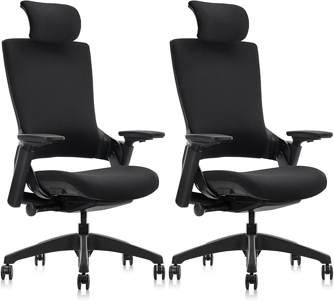 CLATINA Ergonomic High Swivel Executive Chair with Adjustable Height Head 3D Arm Rest Lumbar Support and Upholstered Back for Home Office Studio, Black Fabric, 2 Pack