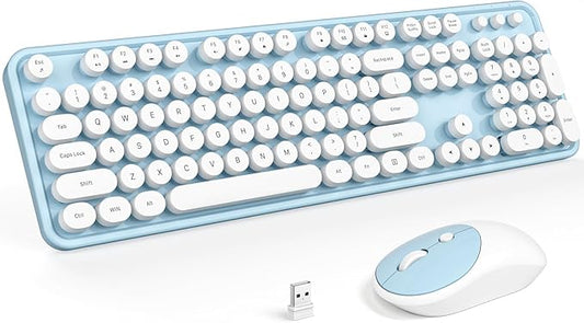 MOFII Wireless Keyboard and Mouse, Retro Full Size Typewriter Keyboard and 3 Adjustable DPI Mouse Combo for Windows 7/8/10, Laptop, Desktop, PC, Computer (Blue)