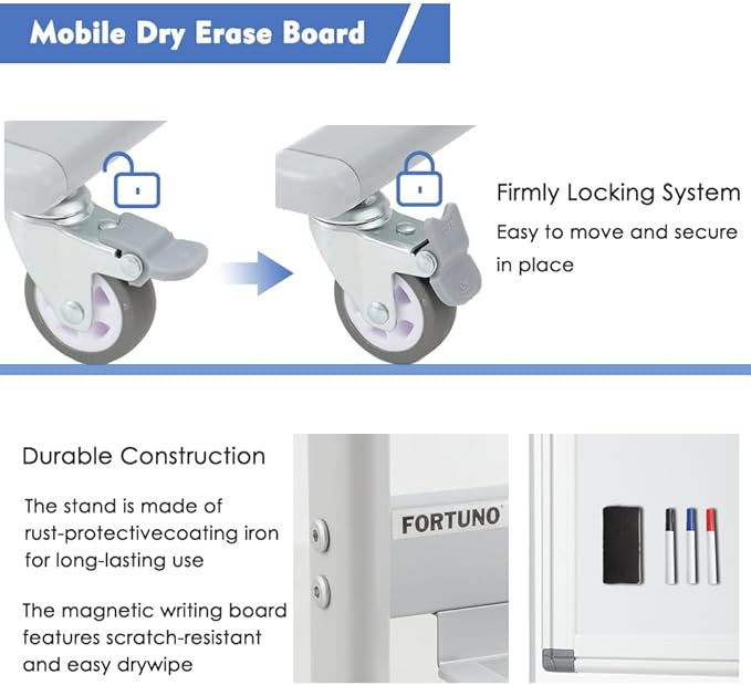 FORTUNO Large Magnetic Mobile Whiteboard 72"x40", Rolling Double Sided Stand Whiteboard on Wheels, Reversible Adjustable Height/Angle Dry Erase Board Easel White Board for Office Classroom